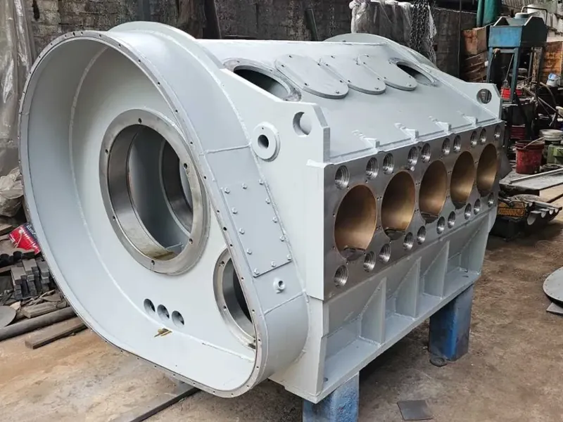 Large welded steel housing with a machined five-bore face, fabricated by Anaya Enterprises